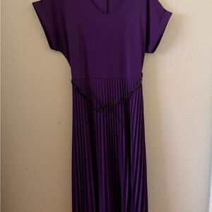 Women's Asymmetrical Purple Pleated Midi Dress with Waist Tie
